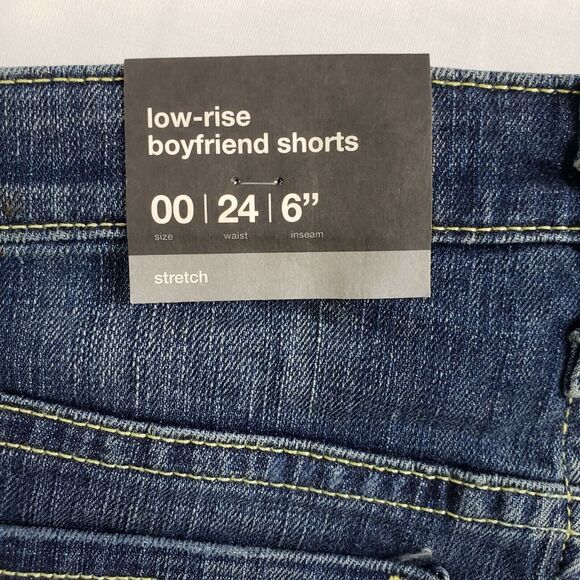Mossimo Womens Shorts Sz 00 Boyfriend Raw Hem Dark Blue Denim Low Rise Destroyed - Picture 6 of 9